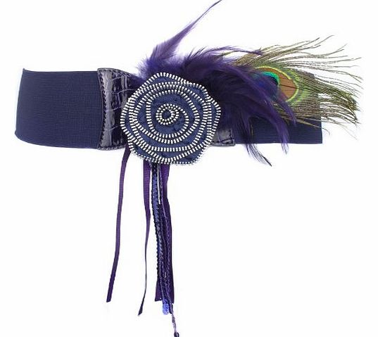 Fashion Ladies Women Elastic Classic Pendant Belts (Feather Flower Purple)