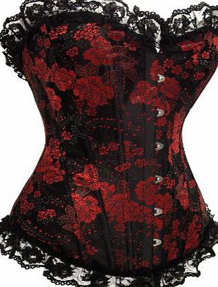 CLUBCORSETS SEXY BLACK amp; RED BROCADE FRILLY EDGED BURLESQUE CORSET (m 8-10)
