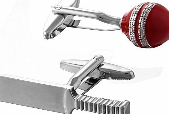 Novelty Cricket Bat and Ball Cufflinks, Rhodium Plated with Red Enamel
