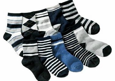 Colourful Baby World Kids Boys 10-Pack Black Grey Navy Stripe Socks (Age 3 to 8) - LARGE (Age 5 to 8 )