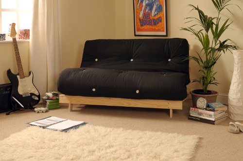 Comfy Living 4ft6 (135cm) Double Wooden Futon with BLACK Mattress