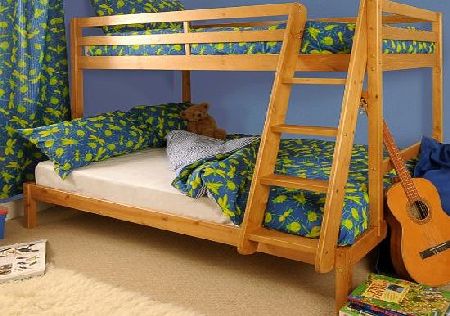 Triple Wooden Pine Bunk Bed 3ft amp; 4ft in Caramel finish with 2 Mattresses