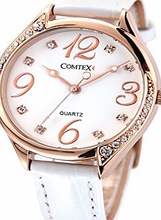 Comtex  Ladies Watches Rose Gold Tone with White Leather Strap Fashion Watches