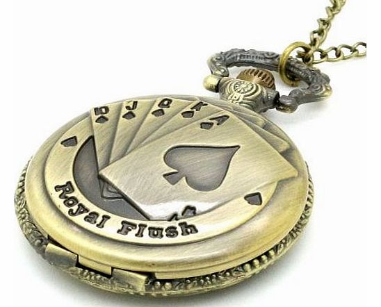 Antique Bronze Royal Flush Poker Cards Pocket Watch Necklace Chain Xmas Gift
