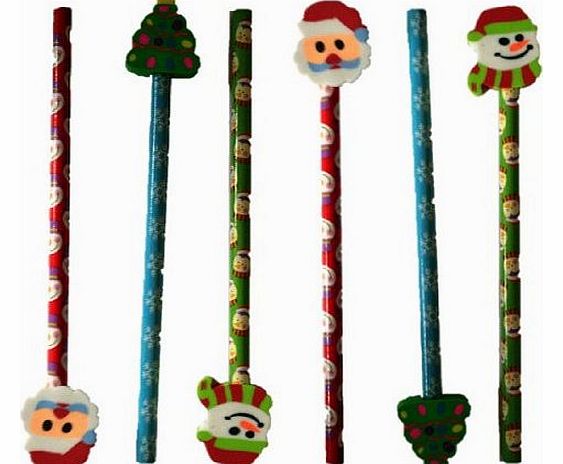 6 Christmas Pencil with Eraser Toppers Xmas Favours Girls Boys Kids Children Party Toy Bag Filler - Santa Snowman Snowlake & Christmas Tree Design Stationery Set