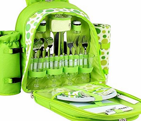 Picnic Backpack Hamper Bright Green Polkadots Inc Plates, Cutlery