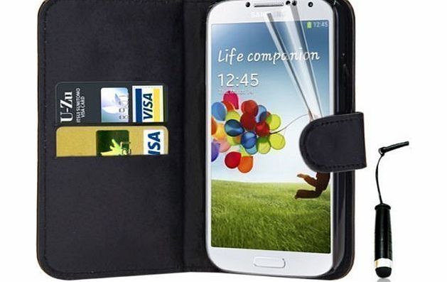 Connect Zone Black Wallet PU Leather Flip Case Cover For Samsung Galaxy S4 I9500 + Screen Protector + Polishing Cloth & Mini Touch Screen Stylus