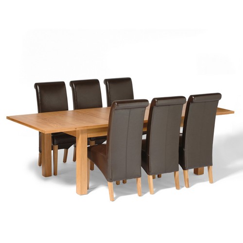 Contemporary Oak Large Dining Set with 6 Leather