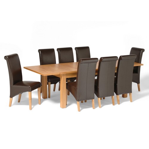 Contemporary Oak Large Dining Set with 8 Leather