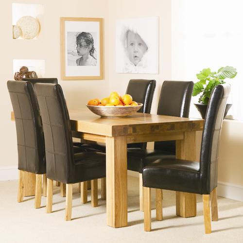 Contemporary Oak Thick Top Dining Set (6 Leather