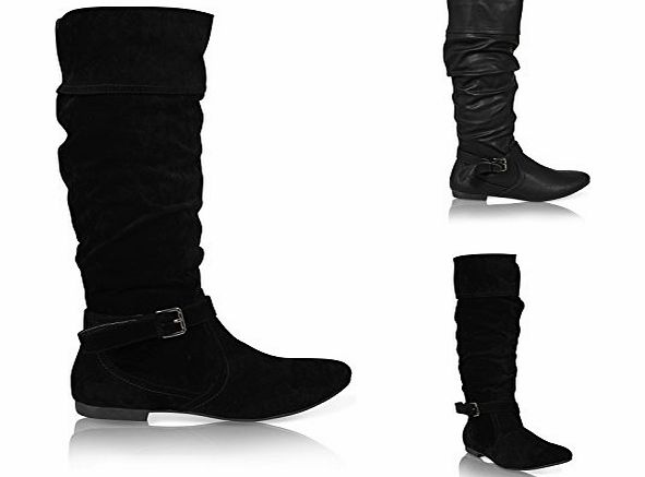 WOMENS LADIES CALF SLOUCH RUCHED ZIP ROUND TOE BUCKLE RIDING BOOTS SIZE 3-8