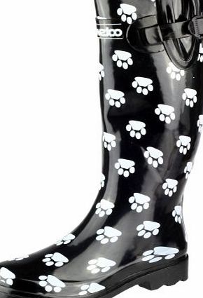 Cotswold Ladies Dog Paw Print Wellies Womens Festival Rain Snow Winter Wellington Boots Size UK 5 EU 38 Black White