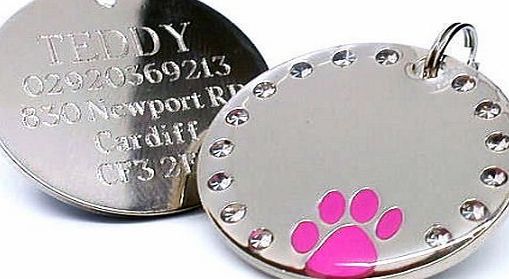 County Engraving Personalised 30mm Round Crystal and Pink Paw Dog Pet ID Tag Disc Engraved.......TO LEAVE ENGRAVING DETAILS PLEASE READ PRODUCT DESCRIPTION LOWER DOWN THIS PAGE.