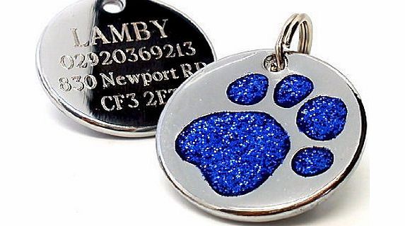 Personalised Engraved 25mm Glitter Blue Paw Print Dog Pet ID Tag Disc.......TO LEAVE ENGRAVING DETAILS PLEASE READ PRODUCT DESCRIPTION LOWER DOWN THIS PAGE.
