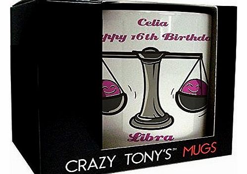 Personalised 16th Birthday Gifts For Girls, Girls 16th Birthday Mug, Libra Star Sign Gift, September 23rd-October 22nd, Crazy Tonys, Girls 16th Birthday Presents
