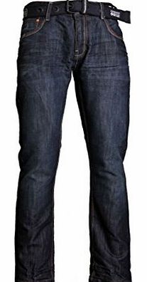 Crosshatch Mens Dark Wash, Straight leg Jeans With Printed Belt. Style - Techno. Waist - 30`` Leg - 32`` Reg