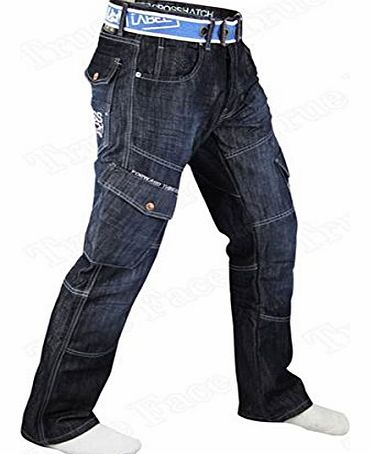 Mens Designer Crosshatch Dark Wash Belt Belted Jean Jeans Denim Trousers (36 REGULAR, DARK WASH)
