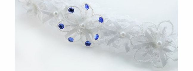 Crystal Innovation Brides Garter,(Something Blue) with White Bows and blue Swarovski Crystal detail on lace flower