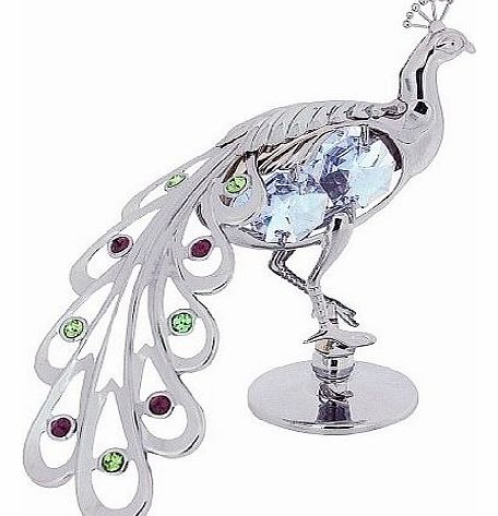 CRYSTOCRAFT  Free Standing Silver Plated Proud As A Peacock Ornament With Swarovski Elements