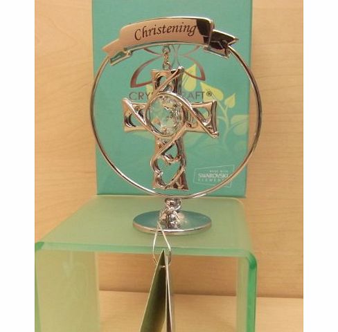 CRYSTOCRAFT  Keepsake Christening Cross Gift Ornament - Chrome Plated with Swarvoski Crystal Elements