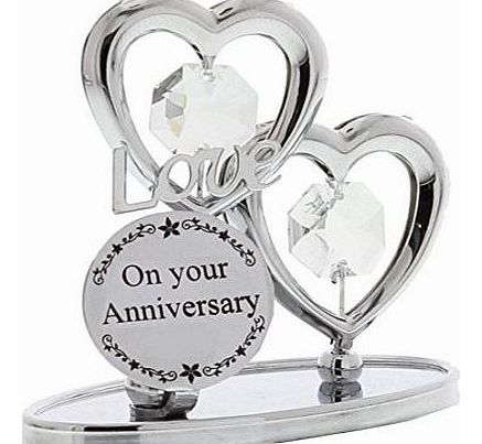 CRYSTOCRAFT  Keepsake Gift - Chrome Plated On Your Anniversary Gift Ornament Love Hearts with Swarvoski Crystal Elements