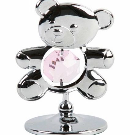 CRYSTOCRAFT  Keepsake Gift Ornament - Freestanding Silver Teddy with Pink Swarvoski Crystal Elements