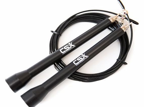 CSX Speed Skipping Rope - XL Handles - Adjustable Length, Metal Bearings - 10ft / 3m Wire Cable Rope - Black - For Boxing, Functional Fitness Training, MMA, Kickboxing, WOD, Double Unders | Plus Train