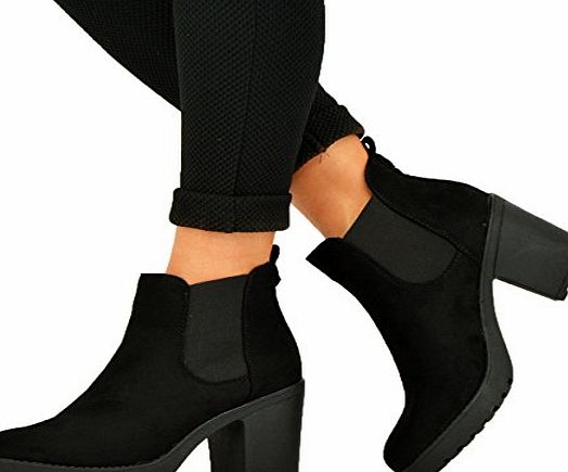 Cucu Fashion NEW WOMENS LADIES CHUNKY BLOCK HEEL GRIP SOLE CHELSEA ANKLE BOOTS SHOES SIZE 3 4 5 6 7 8, Black Suede, Size 6 UK