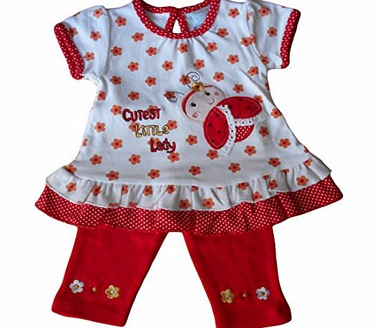Cutey Pie 6-12 months - Baby Girls Beautiful Clothes - Gorgeous White amp; Red Ladybird Short-sleeved Top and Short Leggings Outfit Set