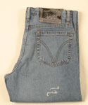 Mens Blue Button Fly Worn / Distressed Effect Jeans - 34 Leg