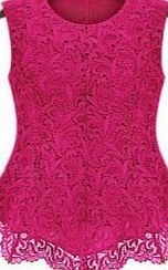 D Fashion Ladies Sleeveless Embroidery Floral Lace Flared Peplum Crochet Top (UK 10, Pink)