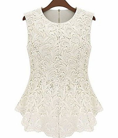 D Fashion Ladies Sleeveless Embroidery Floral Lace Flared Peplum Crochet Top (UK 14, White)