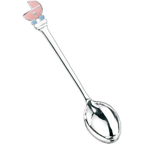Young Girls Enamel and Silver Plated Pram Spoon In Silver Plate By D For Diamond