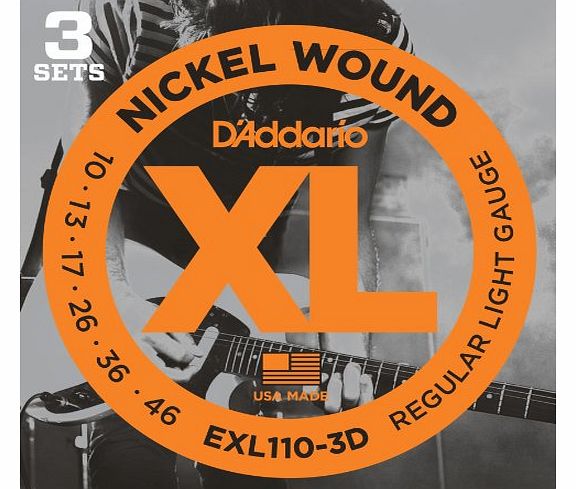 DAddario EXL110-3D XL Nickel Wound Regular Light (.010-.046) Electric Guitar Strings 3-Pack