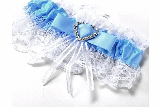 Damentraum Lace Satin Garter With Heart Diamante For Wedding Bridal (Blue)