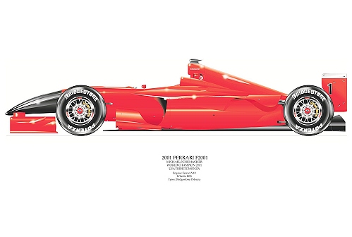 Ferrari F2001 Michael Schumacher signed by artist Measures 48cm x 32cm (19x13)