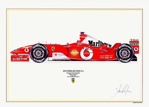 Ferrari F2003GA - M.Schumacher signed by artist Measures 48cm x 32cm (19x13)