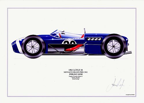 Lotus 18 - Stirling Moss signed by artist Measures 48cm x 32cm (19x13)