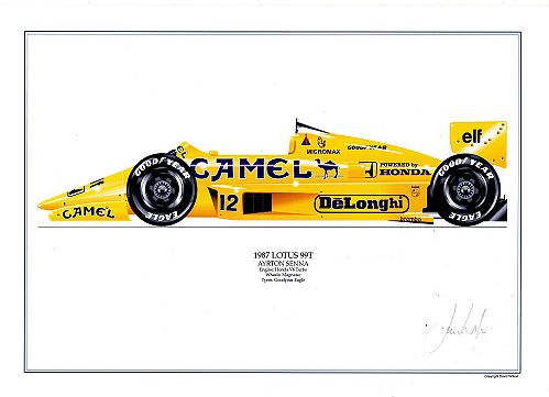 Lotus 99T - A.Senna signed by artist Measures 48cm x 32cm (19x13)
