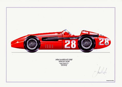Maserati 250F - Stirling Moss signed by artist Measures 48cm x 32cm (19x13)
