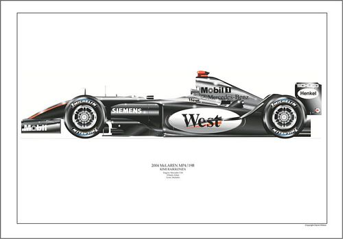 McLaren MP4/19B - Kimi Raikkonen signed by the artist. Measures 48cm x 32cm (19x13)