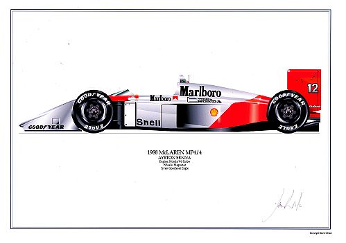 McLaren MP4/4 - A.Senna signed by artist Measures 48cm x 32cm (19x13)
