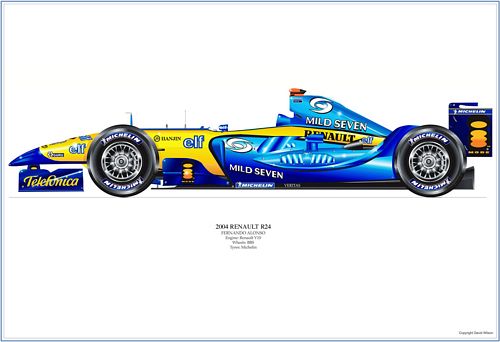 Renault R24 2004 Print - Fernando Alonso Signed by the artist Measures 48cm x 32cm (19``x13``)