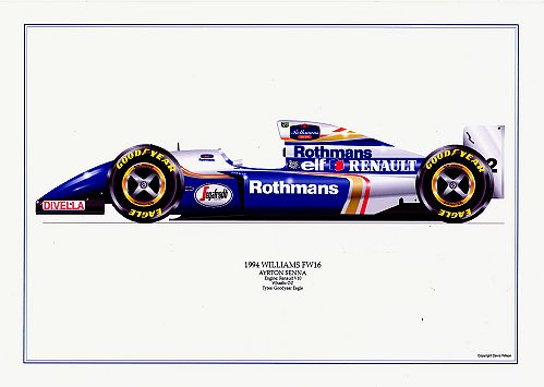Williams FW16 - A.Senna signed by artist Measures 48cm x 32cm (19x13)