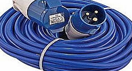 Delightful UK 14m Long Blue 220v to 240v Mains Hook Up Cable Extension Lead - Blue 16A 3 Pin Plug Fitted to One End and Blue 16A Socket Connector on Other