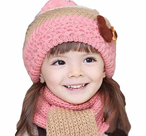 Demarkt 2 in 1 Set Child Girls Boys Winter Warm Knitted Hats Caps Beanie with Scarf Wrap (Pink)