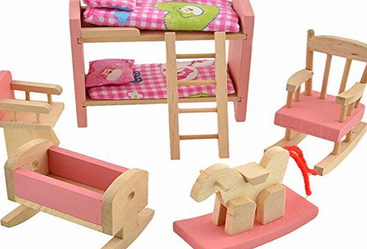 Demiawaking Delicate House Furniture Pink Wooden Dolls Toy Miniature Baby Nursery Room Crib Chair Bunk Bed Pretend Play Kids Children Gift
