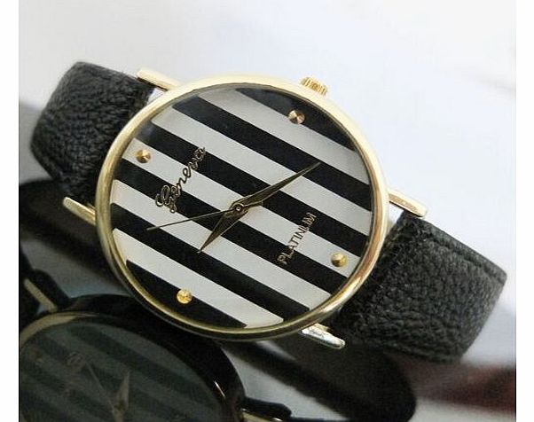 Denis Charm 25 Color Available New Platinum Brand Stripes Chevron Fashion Leather GENEVA Watch For Ladies Women Dress Quartz Watch (Stripes - Black)