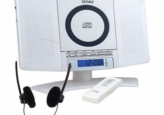 Denver Mini System Stereo Alarm Clock LCD Display MP3 CD Player AUX Radio incl. Headphones