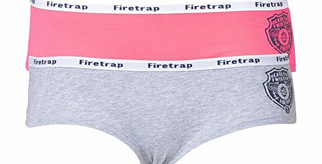 Designer ME Womens Firetrap Two Pack Boy Shorts Grey Marl/Pink Flambe Girls Ladies (XS UK 8 Bust 32`` Waist 26-27`` Hip 34`` Euro 34)